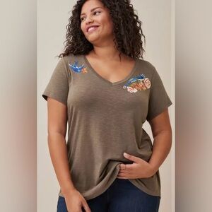Torrid Women’s 0 Large L 12 Sparrow Bird Embroidered Olive Green Slub Tee Shirt